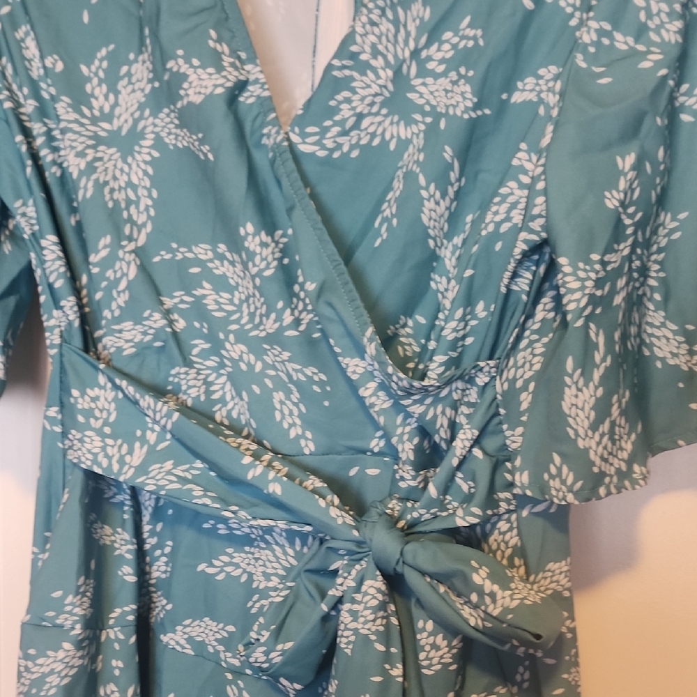 Teal Floral Wrap Romper with Waist Tie